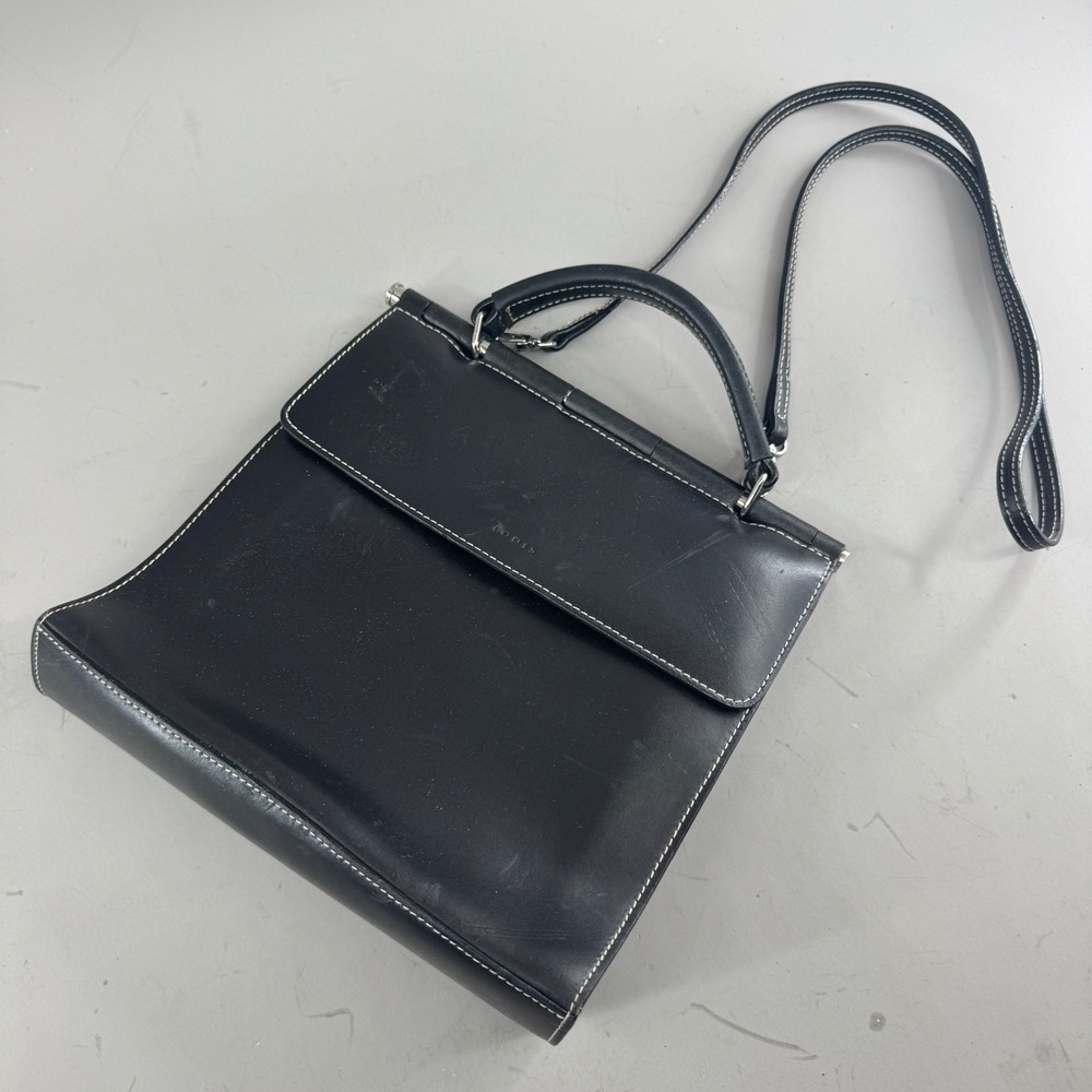 Lodis Womens Black Leather Crossbody Top Handle Bag Contrast Stitching Satchel
